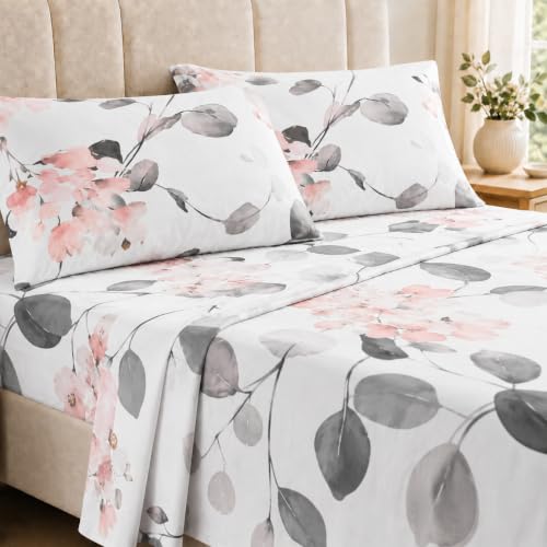 HCORA Full Size Sheet Sets - Floral Print Bedding - Luxury 90GSM Brushed Microfiber Bed Sheets - Breathable Cooling Full Sheet Set - 16'' Deep Pocket, Extra Soft, Shrinkage, and Fade Resistant - 4 PC