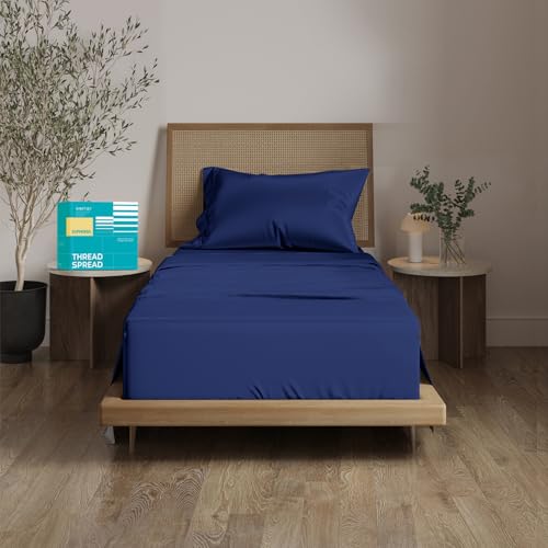 "THREAD SPREAD 100% Egyptian Cotton Sheets Twin Size - 800 Series Euphoria Collection Extra Long Twin Sheets for Dorm (3 PC, Navy Blue), 16"" Deep Pocket Cooling Hotel Sheet Set for Twin Size Bed"