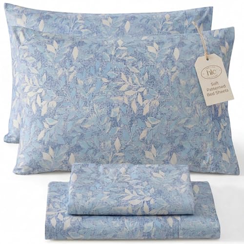 HLC.ME Leaves Printed Floral Bed Sheets - 4 Piece Patterned Bed Sheet Set - Wrinkle Resistant & Ultra Soft - Fits Mattresses up to 15 Inches Deep (King, Blue)