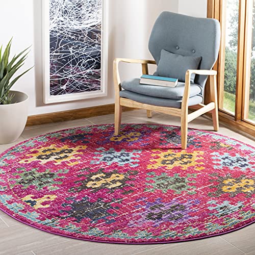 Safavieh Boho Rug for Living Room, Dining Room, Bedroom - Monaco Collection, Short Pile, in Fuchsia and Multi, 200 x 200 cm