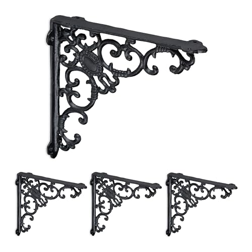 Relaxdays Shelf Brackets, Set of 4, Cast Iron, Antique Style Supports, for Wall-Mounted Shelves, 21.5x4x21.5 cm, Black
