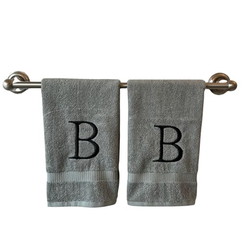Gray with Black Monogrammed Hand Towels for Bathroom - Set of 2 Letter B - Luxury Hotel Quality Initial Towels For Powder Room, Spa, GOTS Organic Certified