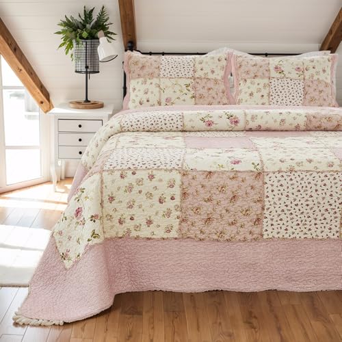 Brandream Pink Rose Floral Patchwork Quilts Cotton Queen Size Quilted Comforter Set Rustic Country Coverlet Bedspread Set 3-Piece
