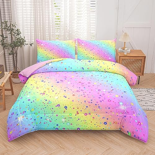 MWMWMW 5PCS Rainbow Girls Bedding Set, Twin Comforter for Girls Kids Teens, Bed in A Bag Twin for Girls, Watercolor Pastel Bedding Set with Fitted Sheet and Flat Sheet