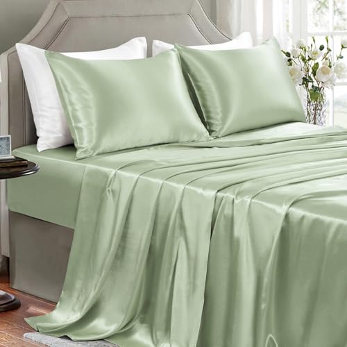 GOLAL Sage Green Satin Sheets King Size - 4 Pieces Silky Soft Bed Sheets - OEKO-TEX Certified Luxury Wrinkle-Free Silky Soft Sheets Friendly for Hair and Skin,Designed for Elegant Bedroom Decor