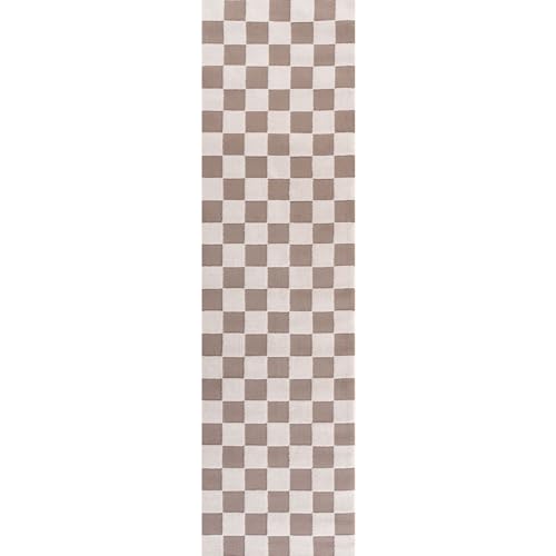 THE RUGS Living Room Rug, Loft Collection – Modern Textured 14mm Soft Pile Area Carpet, Non-Shedding & Easy Care [ Checkerboard Beige, 80x300 cm]