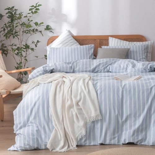 BESTOUCH Cotton Striped Duvet Cover Set Cornflower Blue White Queen - 100% Washed Cotton, Soft Wrinkle Texture, Hidden Zipper, 8 Ties, Breathable Lightweight Durable Comfy, 3 Pcs No Insert