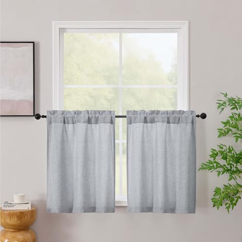 Simplebrand Grey Kitchen Window Curtains Tier 30 Inch Length 2 Panels, Faux Linen Textured Light Filtering Semi Small Cafe Curtains, Farmhouse Rustic Window Treatments Toppers for Bathroom Basement