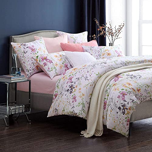 Brandream Floral Bedding Set King Size Duvet Cover Set 100% Soft & Luxurious Egyptian Cotton 800 Thread-Count 3 Piece Blossom Flower Print -White Pink Purple