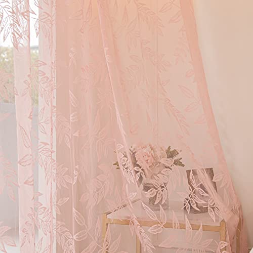 "Sutuo Home Pink Lace Curtains 63 Inches Length, Leaf Embroidery Window Sheer Drapes Pair Knitted, Rod Pocket Vintage Country Window Treatments Set of 2 Panels for Bedroom Living Room, 57"" W x 63"" L"