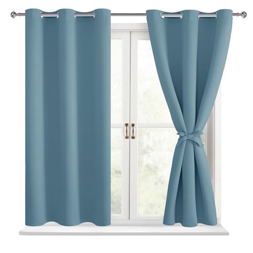 Hiasan Short Blackout Curtains for Bedroom - Thermal Insulated & Light Blocking Window Curtains for Living Room, 2 Drape Panels Sewn with Tiebacks, Stone Blue, 42 x 45 Inch