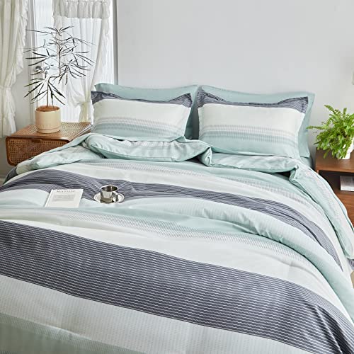 Flysheep Ombre Striped Bedding Bed in a Bag 7 Pieces Queen Size, Grey Green and White Stripes Comforter Sheet Set (1 Comforter, 1 Flat Sheet, 1 Fitted Sheet, 2 Pillow Shams, 2 Pillowcases)