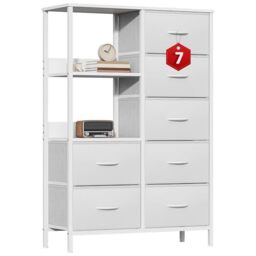GoaHi Fabric Chest of Drawers Bedroom with 7 Drawers, Tall Storage Organizer Unit with 3 Layer Shelves,Storage Drawers with Fabric Bins, Storage Cabinet for Living Room & Closets(White)