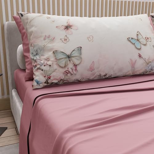 PETTI Artigiani Italiani - Cotton Sheets with Pillowcases in Digital Print, Double Sheet, Floral Pattern 10 Dark Powder, 100% Made in Italy