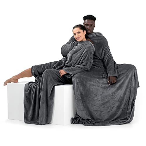 DecoKing 150 x 180 cm, TV microfibre cuddly blanket with sleeves and pockets, microfibre soft and fluffy fleece blanket, Microfibre, graphite, 150 x 180 cm