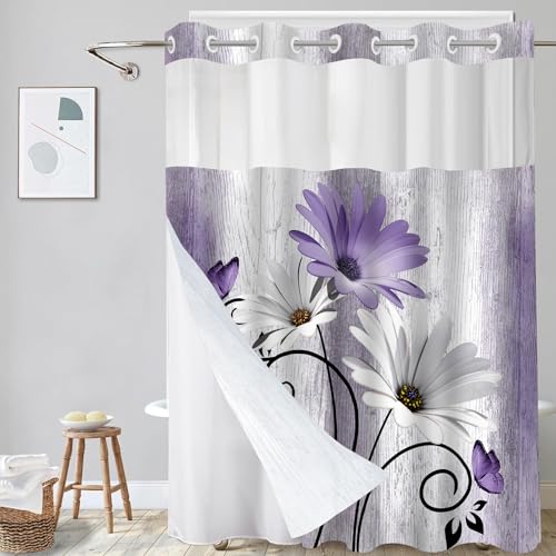 Muuyi Hookless Shower Curtain with Snap in Liner, Purple No Hook Shower Curtains for Bathroom???Shower Curtain and Liner Set for Bathroom Decor,Waterproof & Washable, 72W x 87L Inch