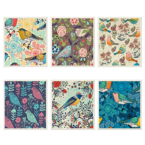 Cunhill 6 Pcs Swedish Kitchen Dish Cloths Kitchen Towels Reusable Sponge Cleaning Cloths Wipes Absorbent Dish Cloth Quick Drying Washable Decorative Tea Towels No Odor Bar Hand Towel (Bird)
