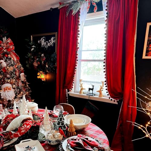 StangH Christmas Red Pom Pom Velvet Curtains - Luxury Thermal Insulated Window Curtains for Bedroom Living Room, Light Blocking Privacy Drapes for Theater, W52 x L84, 2 Panels & Tiebacks