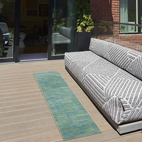 "NOURISON Essentials Indoor/Outdoor Blue Green 2'2"" x 10' Area Rug, Easy Cleaning, Non Shedding, Bed Room, Living Room, Dining Room, Backyard, Deck, Patio (2x10)"