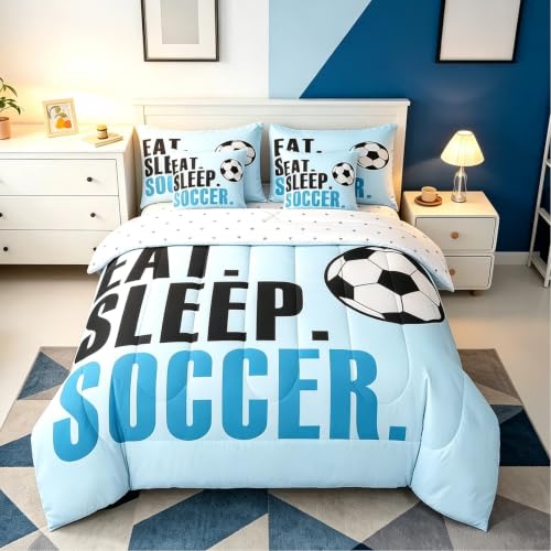 Feelyou Soccer Ball Comforter Set with Sheets Queen Size Light Blue Football 7 Pieces Bedding Set for Kids Boys Girls Teens Sports Ball Game Bed in a Bag Gift for Football Lover Bed Set