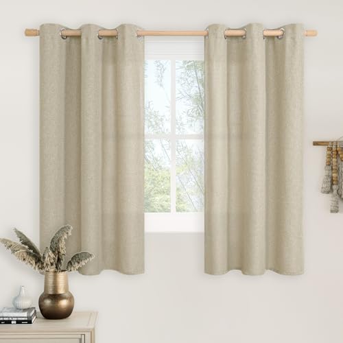 LAMIT Natural Linen Curtains 45 inch Length 2 Panels, Linen Textured Light Filtering Bedroom Curtains Grommet Privacy Burlap Boho Drapes for Living Room/Farmhouse, W42 x L45, Camel