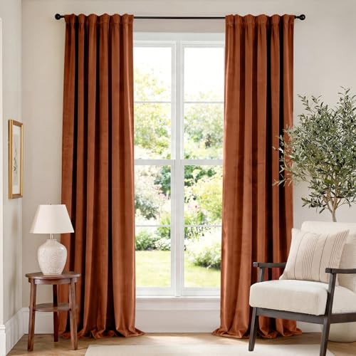 "Lazzzy Velvet Blackout Curtains Thermal Insulated Room Window Drapes Super Soft Luxury Curtains for Living Room Bedroom Rod Pocket 2 Panels, Burnt Orange, 52"" W x 120"" L"
