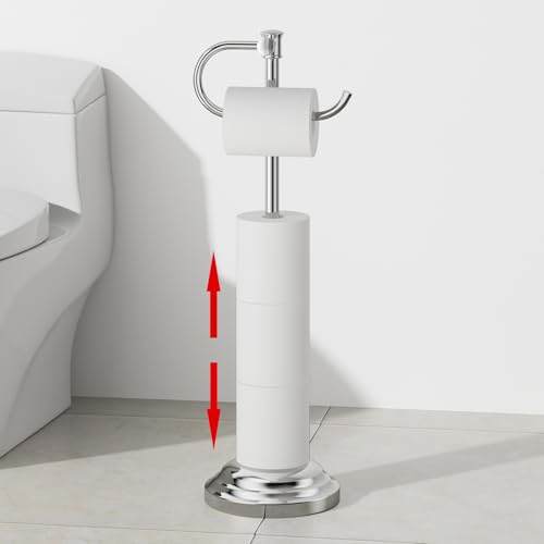 RUMOSE Toilet Paper Holder Stand for Floor, Polished Chrome Bathroom Free Standing Toilet Tissue Roll Holder with Storage, Adjustable 17-25 Inch, SUS304 Stainless Steel