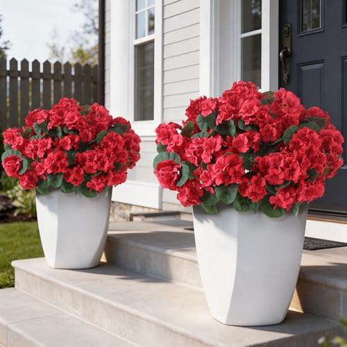 "12 Bundles 14""Artificial Geranium Flowers, Realistic Silk Bouquets (Red) - Fake Silk Flower Branches, Full Faux Stems, for Front Porch/Farmhouse/Garden/Home/Outdoor/Spring/Summer/All Season Decor"