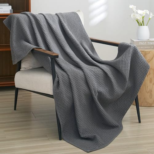 "PHF 100% Cotton Waffle Weave Throw Blanket 50""x60""-Lightweight Washed Soft Breathable Blanket for Adults and Kids-Great Blanket Layer for Couch Bed Sofa-Elegant Home Decoration-Charcoal"