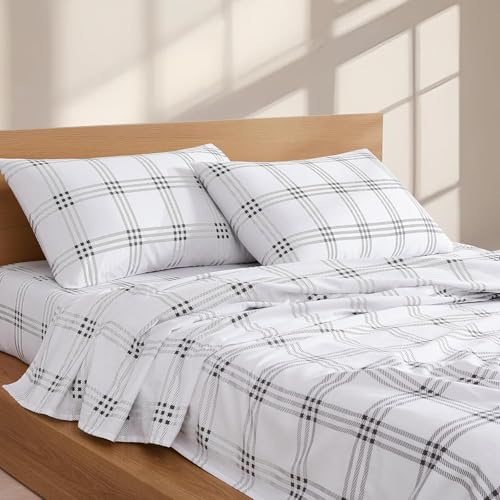 Linen Closet 160 GSM 100% Cotton Percale Sheet Set King Gray Tartan