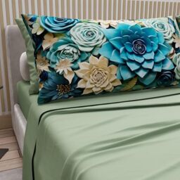 PETTI Artigiani Italiani - Cotton Sheets with Pillowcases in Digital Print, Double Bed Sheet, Floral 15 Sage, 100% Made in Italy
