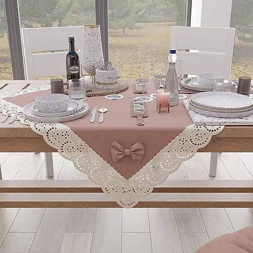 PETTI Artigiani Italiani - Square table topper, cotton with Sangallo lace trim and bows, 95 x 95 cm, Powder pink