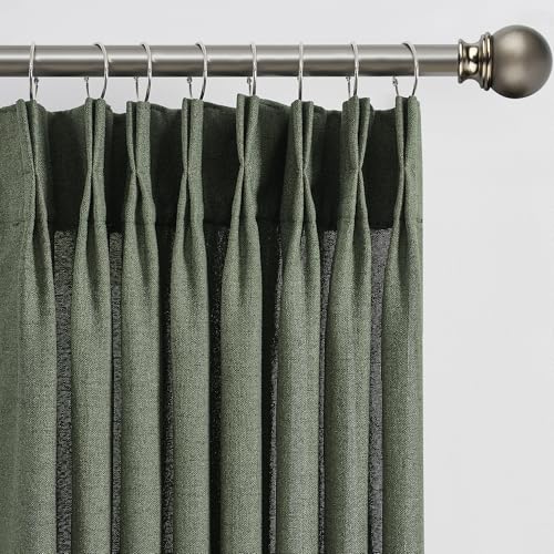 102 Inch Long Linen Blended Curtains for Sliding Glass Patio Door 2 PCs, Back Tab Pinch Pleated Drapes for Track System with Hooks, Semi Sheer Country Winodw Curtains 42x102-Loden/Olive Green