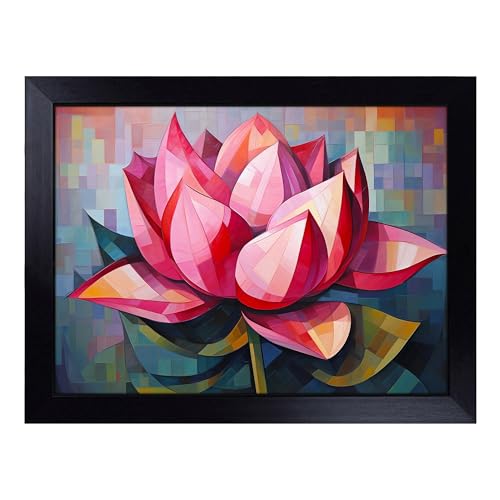 Lap Tray with Bean Bag Cushion, Lotus Flower Cubism - Handmade in the UK, Raised Wooden Edge, Padded Cushion, Heat-Resistant Wipe-Clean Surface, for Meals, Laptops and Crafts