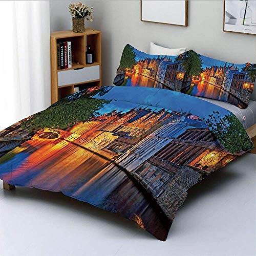 Jojun Duvet Cover Set, Night Photo of a Historic Middle Ages Building Along the River in the Old Town of Bruges, Photo-Decorative Bedding Set with 2 Pillowcases,