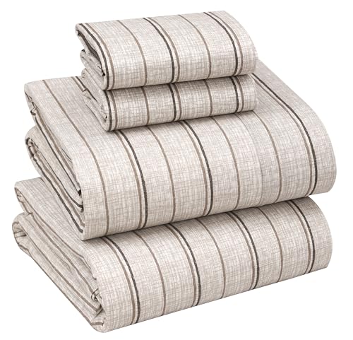"Ruvanti 100% Cotton Full Size Bed Sheets, 4 Pieces, Soft & Breathable Percale Weave Bedding, Deep Pocket 16"", Hotel Standard, Crisp Cool Feel, Durable, Perfect Sheet Set Striped, Brown Stripes"