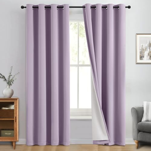 "Yakamok Lilac 100% Blackout Curtains 84 Inches Long for Bedroom 50"" Wide - Blackout Curtain Panels for Bedroom, 2 Thick Layers Grommet Top Thermal Insulated Drapes with White Back for Living Room"