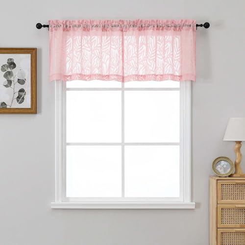 OVZME Blush Pink Sheer Valances for Windows 18 Inch Length 2 Panels, Light Filtering Soft Fabric Leaf Clip Jacquard Textured Curtains for Bedroom Bathroom Basement Small Windows, 2x42Wx18L Inches