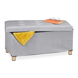 Relaxdays Storage Bench, Velvet Cover, Wooden Feet, H x W x D: approx. 34 x 76 x 38 cm, Light Grey