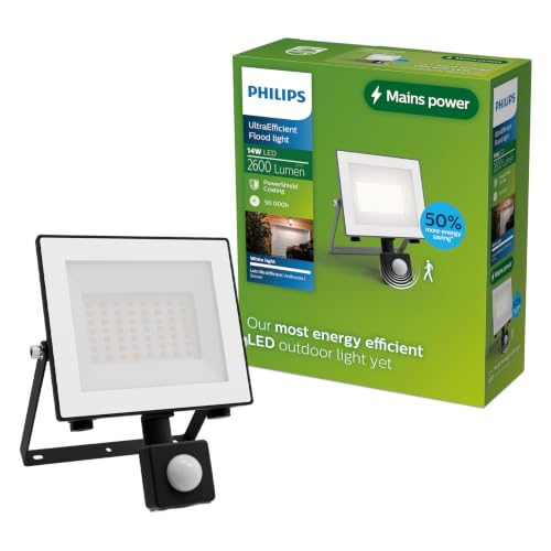 Philips Lois UltraEfficient Outdoor Floodlight with Sensor, White, 14 W - White Hue 3000 K, Anthracite, Motion Sensor Automation, for Gardens, Weather Resistant