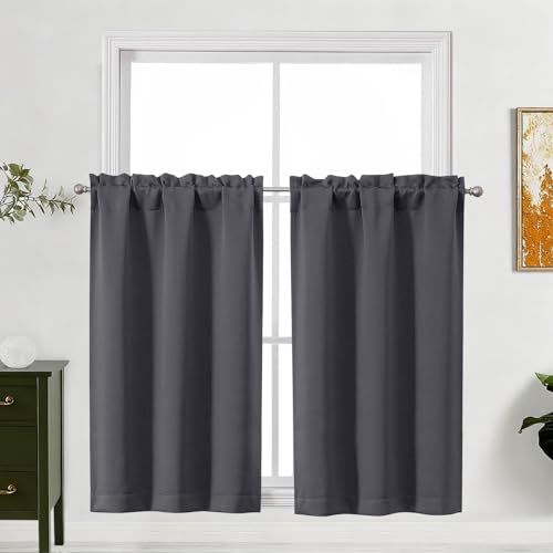 "Lecloud Grey Curtains for Bedroom 45 Inch Length 2 Pcs, Privacy Thermal Insulated Window Room Darkening Curtain, Rod Pockets Modern Farmhouse Decor Drapes for Living Room, Each Panel 30"" W x 45"" L"