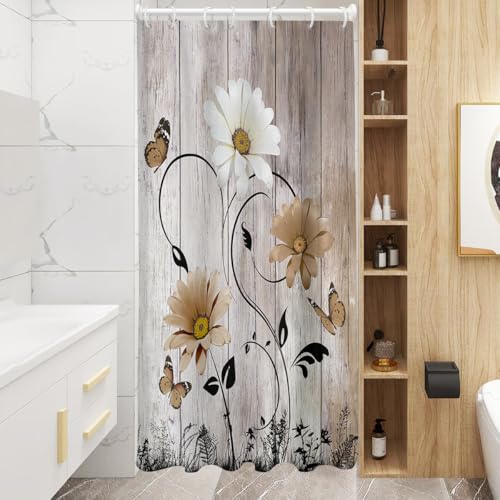 AAtter Brown Floral Shower Curtain Flower Retro Rustic White Daisy Country Butterfly Spring Farmhouse Country Stall Small Half Narrow Home Bathroom Decor Bathtub Set with 7 Hooks, 36x72 Inch, Nature