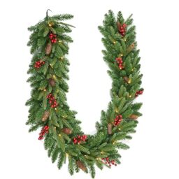 Christmas Garland with Lights, Pre-lit 2meter Battery Operated Pine Garland with 30 LED Lights, Red Berries, Artificial Christmas Decorations for Fireplaces Stairs Front Door Gate Porch Arch Mantle
