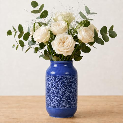 Wancetang Blue Ceramic Flower Vase - 9 Inch Decorative Vase for Pampas Grass, Modern Texture Vase for Decor, Fireplace, Bathroom, Table, Shelf, Living Room, Kitchen Decor