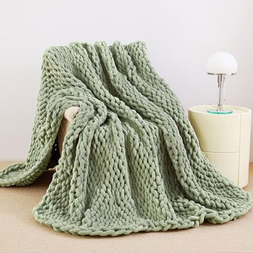 "Admitrack Chunky Knit Blanket Throw, 100% Hand Knit Chenille Throw Blanket for Sofa & Home Decor, Soft and Cozy Knitted Throw Blankets (Sage Green，40""x50"")"