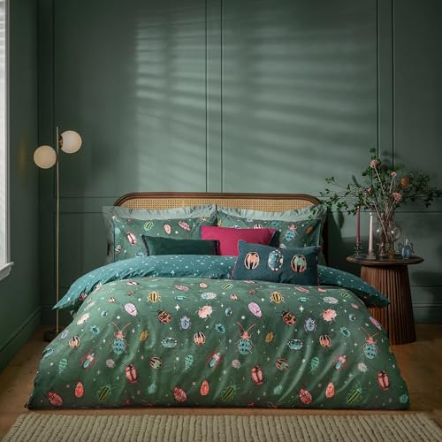 furn. Beetalis Insect Duvet Cover Set - Iridescent Beetle Cosmic Starry Night Reversible Bedding (Green - Double)