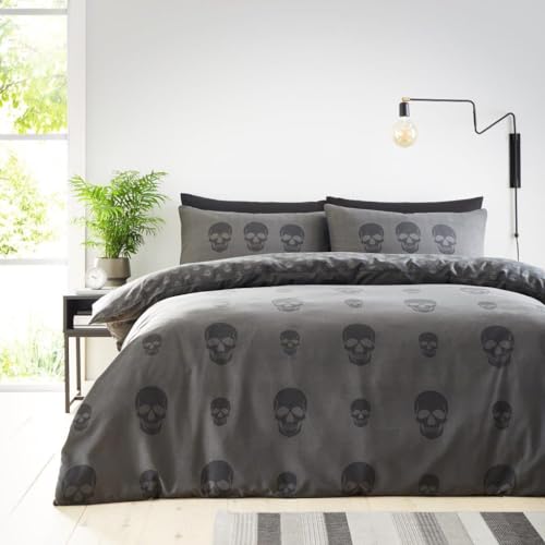 GC GAVENO CAVAILIA Single Duvet Cover Sets (150x200 cm) - Skull Bedding & Linen Reversible Quilt Covers - Polycotton Single Bedding Sets - Washable Linen - Charcoal