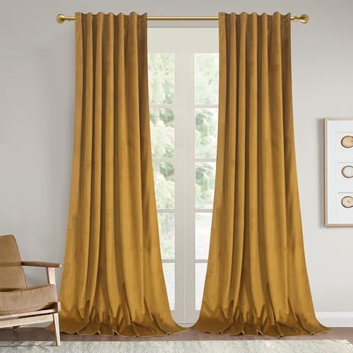 Roslynwood Mustard Back Tab Velvet Curtains 84 inches - Super Soft Home Decor Room Darkening Curtains Thermal Insulated Velvet Drapes for Bedroom/Living Room, W52 x L84 inch, 2 Panels