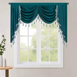 StangH Elegant Velvet Waterfall Valances Curtain for Living Dining Room, Rod Pocket Thermal Insulated Tier Window Decor for Bay Window/Bedroom/Kitchen, Teal, W59 inches, 1 Panel