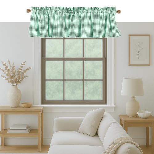 "Native Fab Set of 2 Mini Check Valance Curtains for Windows 54""x18"" for Living Room Bedroom Kitchen Windows Bathroom, Rustic Vintage Curtain Valances Rod Pocket - Lemon Green"